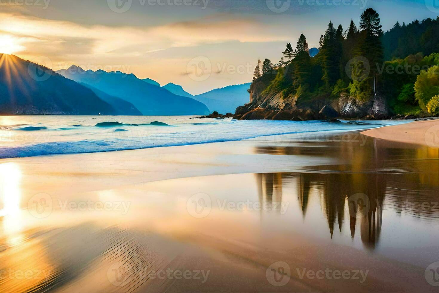 sunset on the beach with trees and water. AI-Generated photo