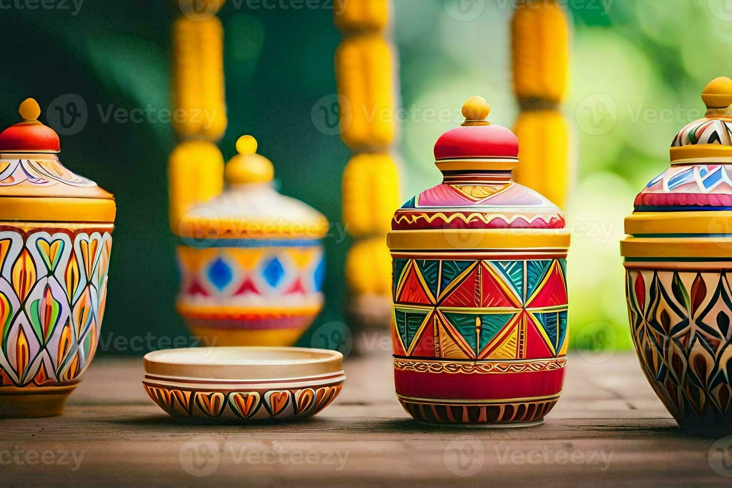 colorful painted pots on a wooden table. AI-Generated photo
