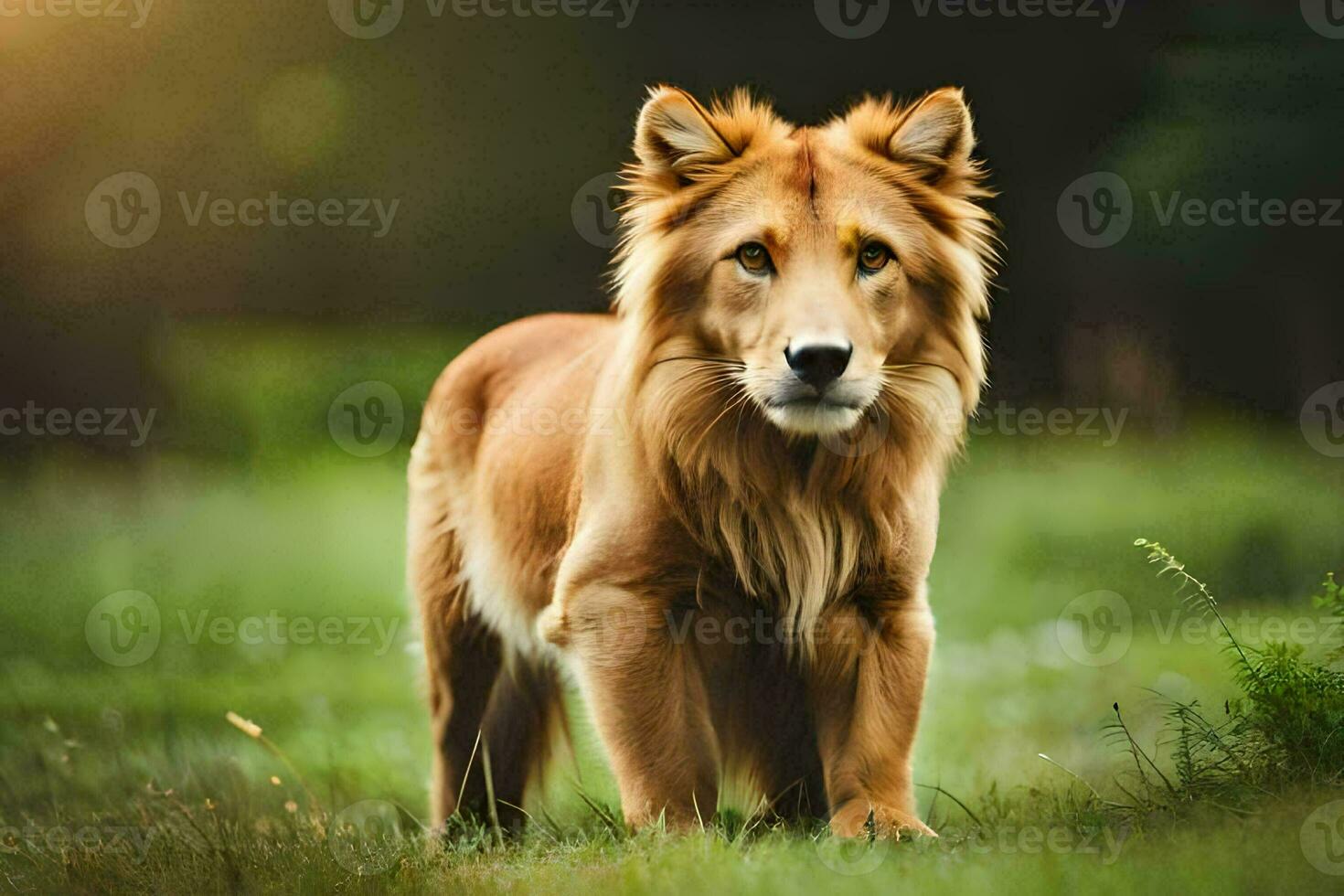 a golden dog is standing in the grass. AI-Generated photo