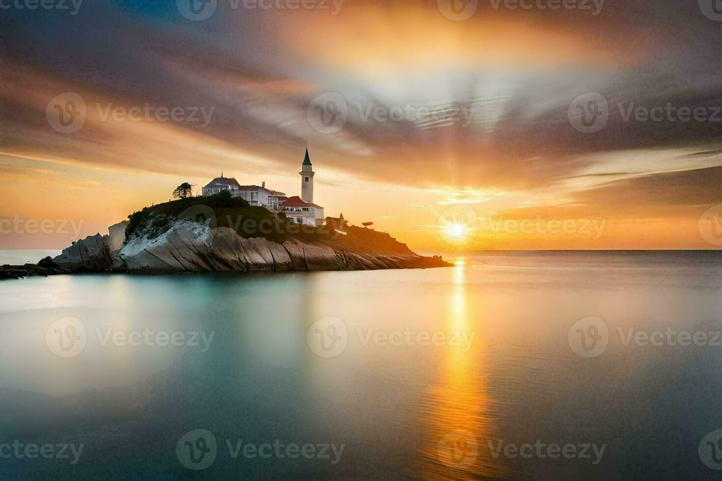 el Dom sube terminado un pequeño isla con un iglesia. generado por ai foto