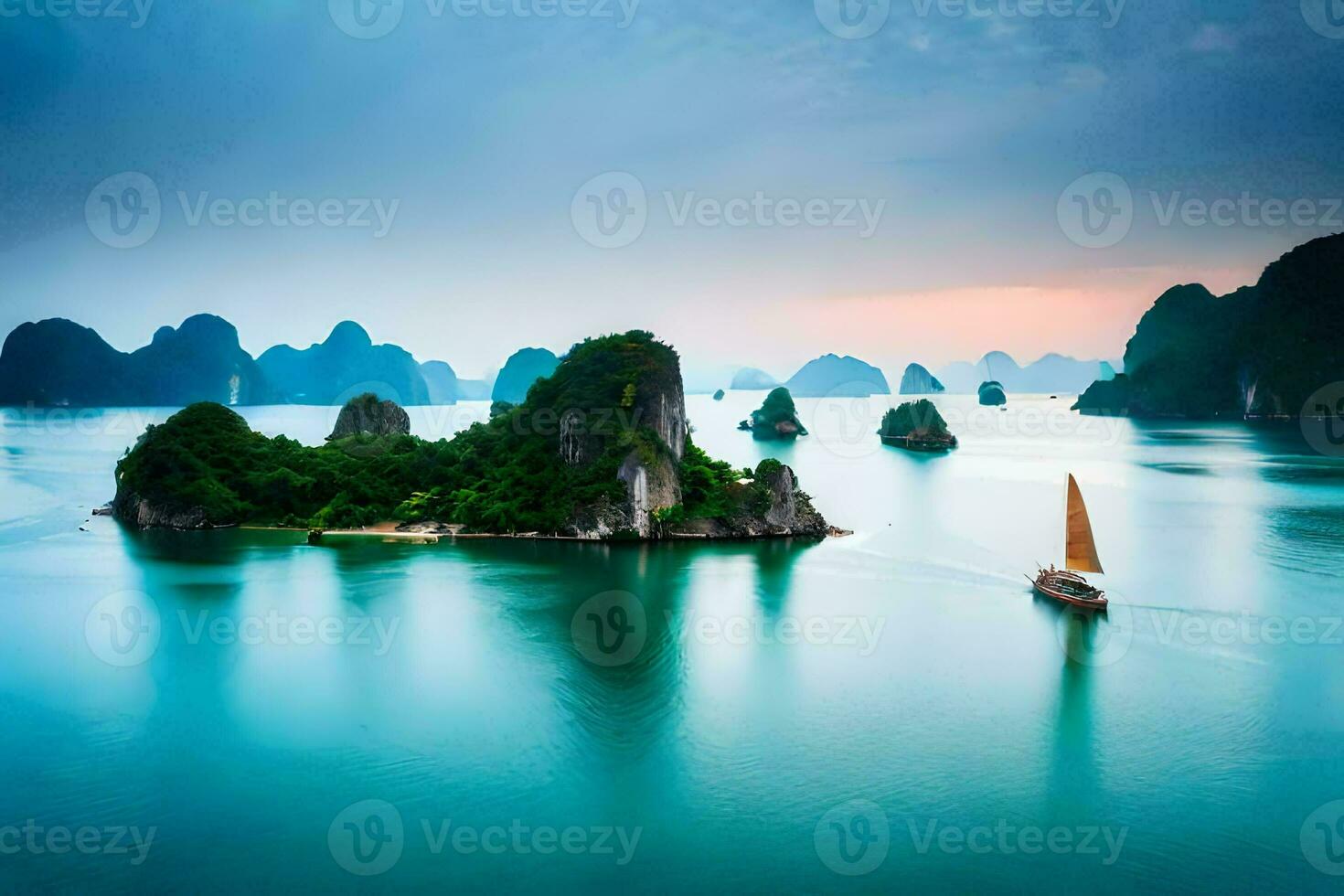the boat is sailing in the water near some islands. AI-Generated photo