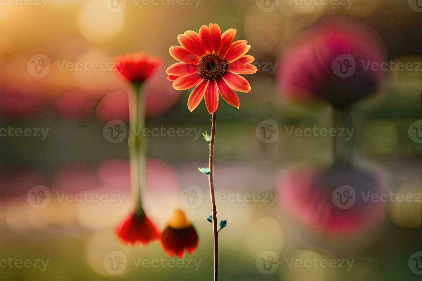 a red flower is standing in front of a pond. AI-Generated photo