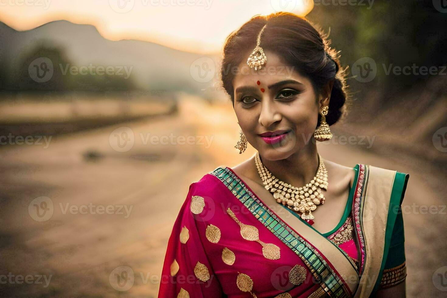 a beautiful indian bride in a traditional sari. AI-Generated photo