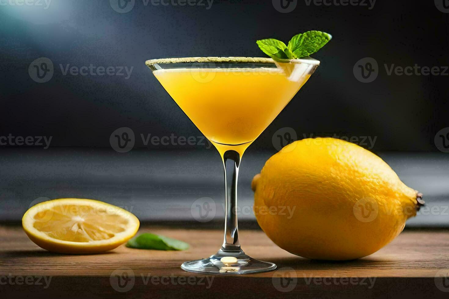 a cocktail with lemon and mint on a wooden table. AI-Generated photo