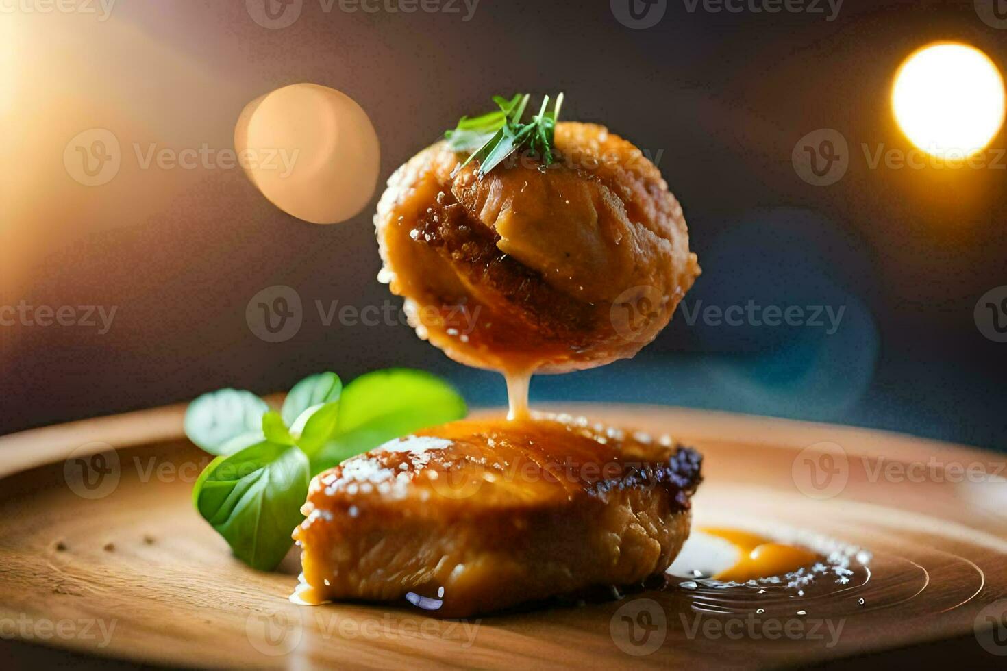 a piece of meat being dipped into sauce. AI-Generated photo