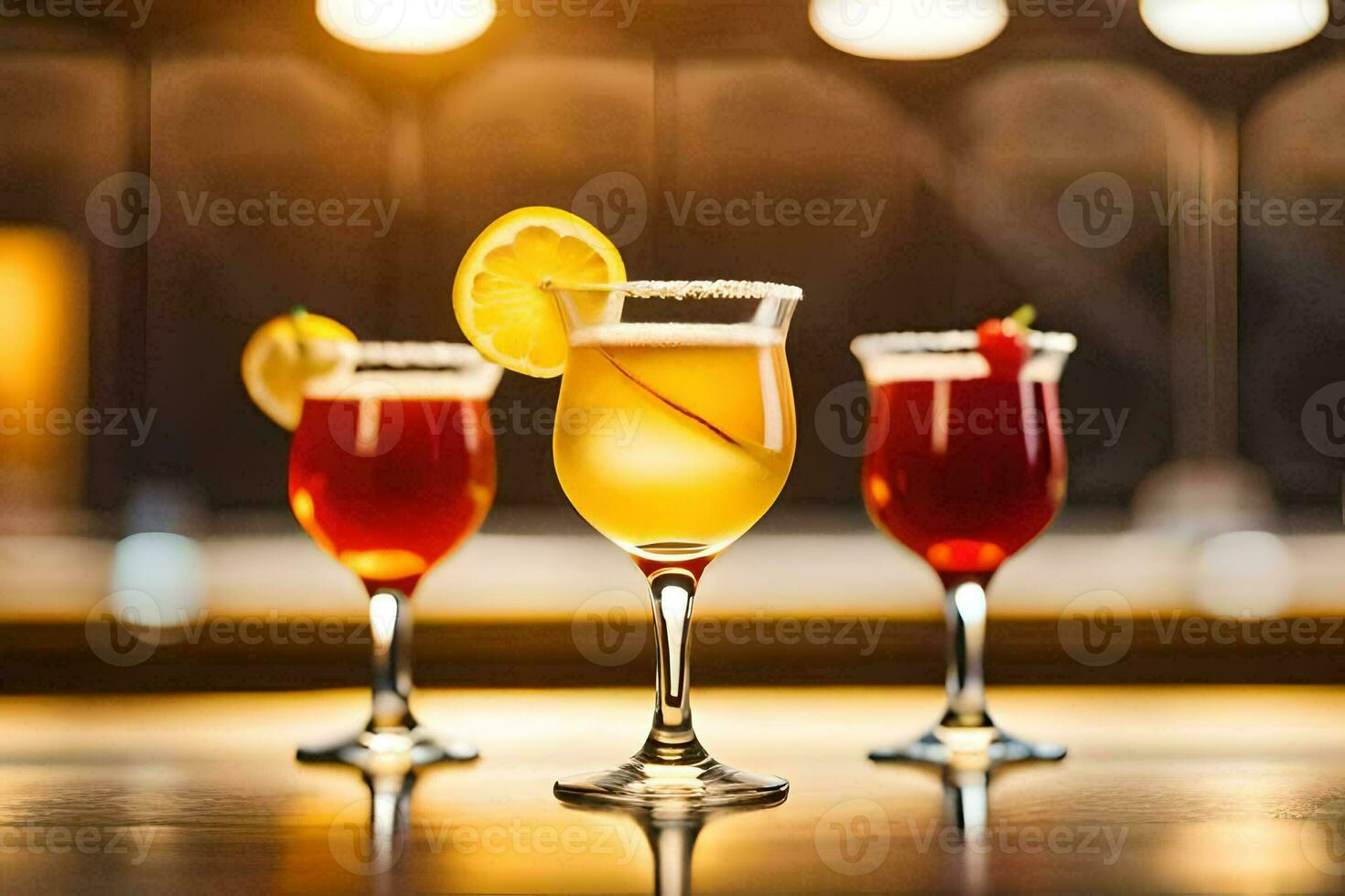 three different cocktails are lined up on a bar. AI-Generated photo