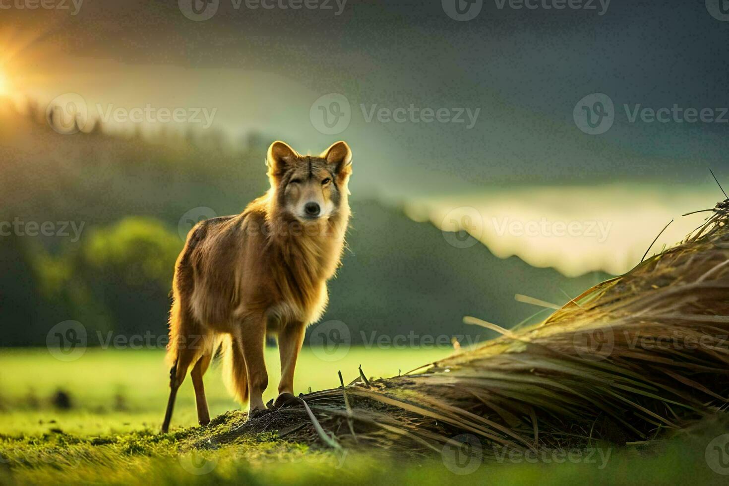 a wolf stands in the grass at sunset. AI-Generated photo