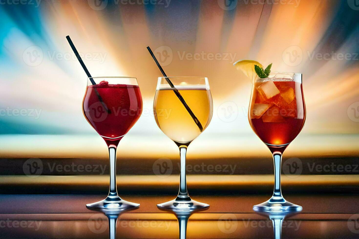 three glasses of different alcoholic drinks on a table. AI-Generated photo