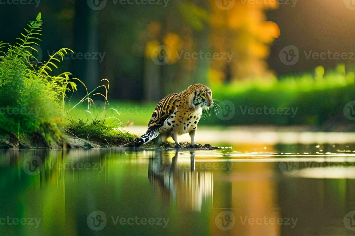 a large owl standing on the edge of a river. AI-Generated photo