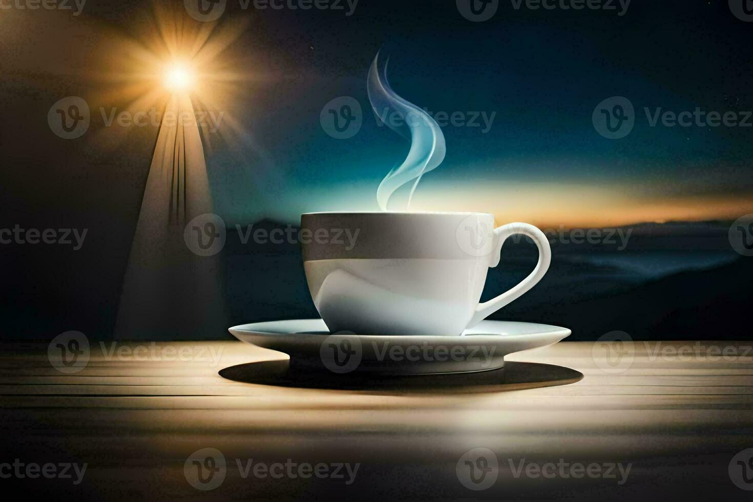 a cup of coffee on a table with a sun shining in the background. AI-Generated photo