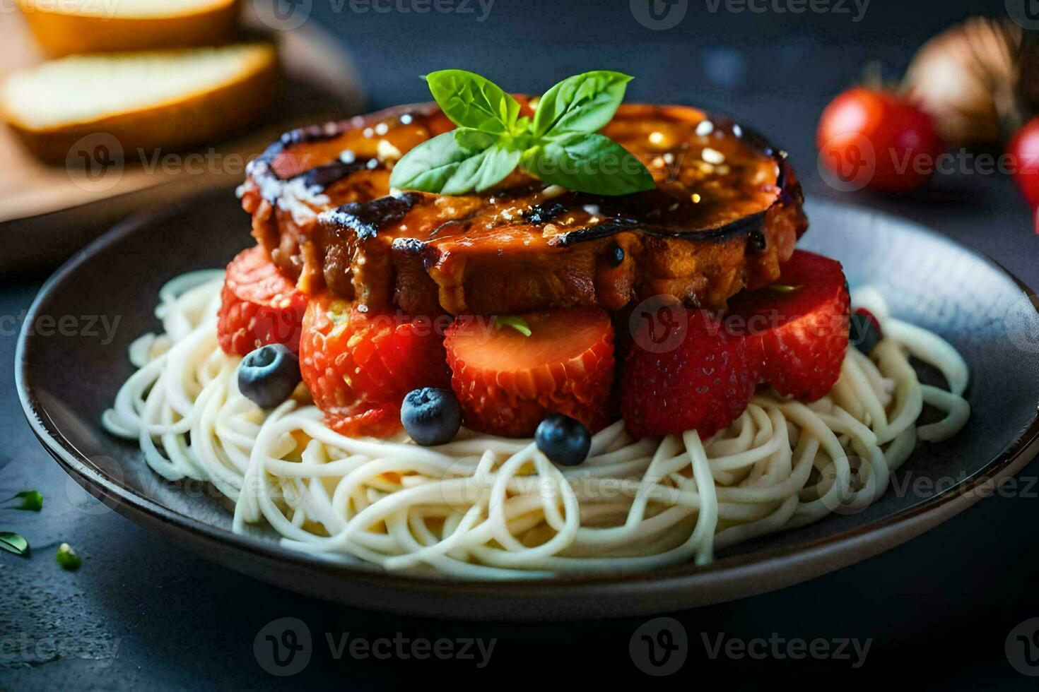 grilled pork tenderloin with bbq sauce and strawberries on a plate. AI-Generated photo