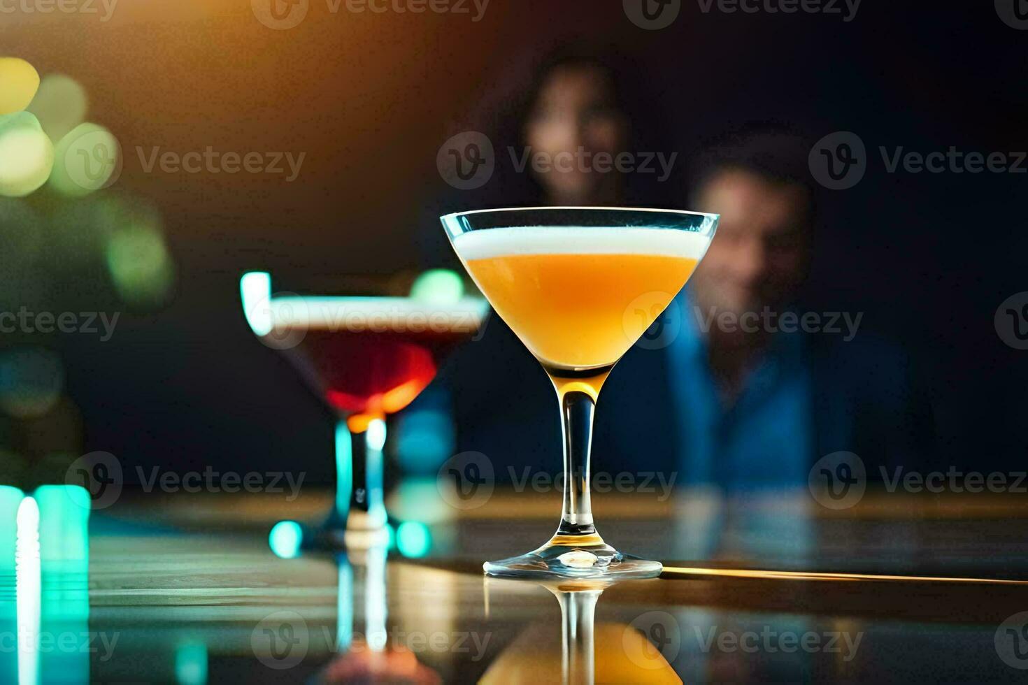 two cocktails sit on a bar counter. AI-Generated photo