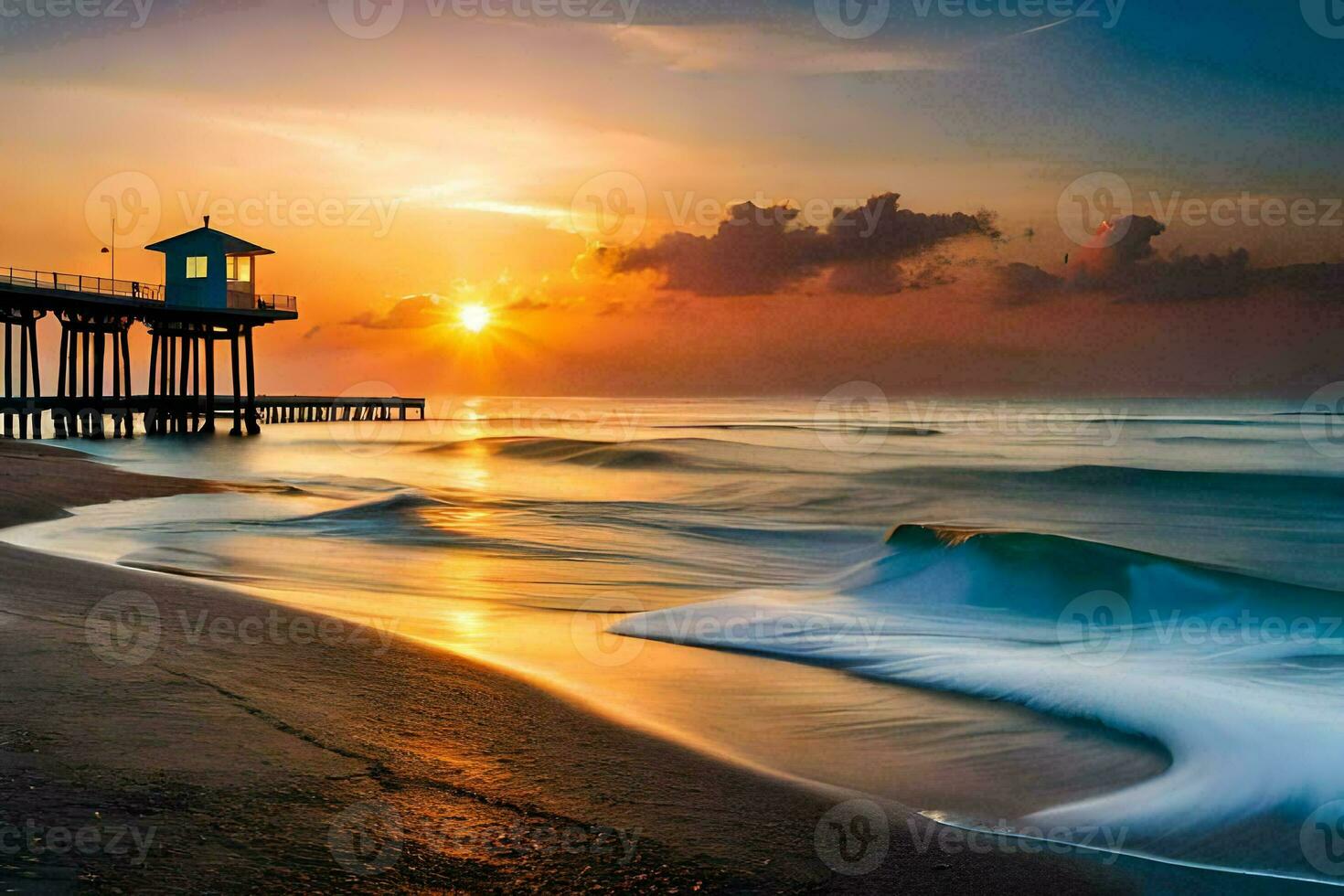 the sun sets over a pier and waves. AI-Generated photo