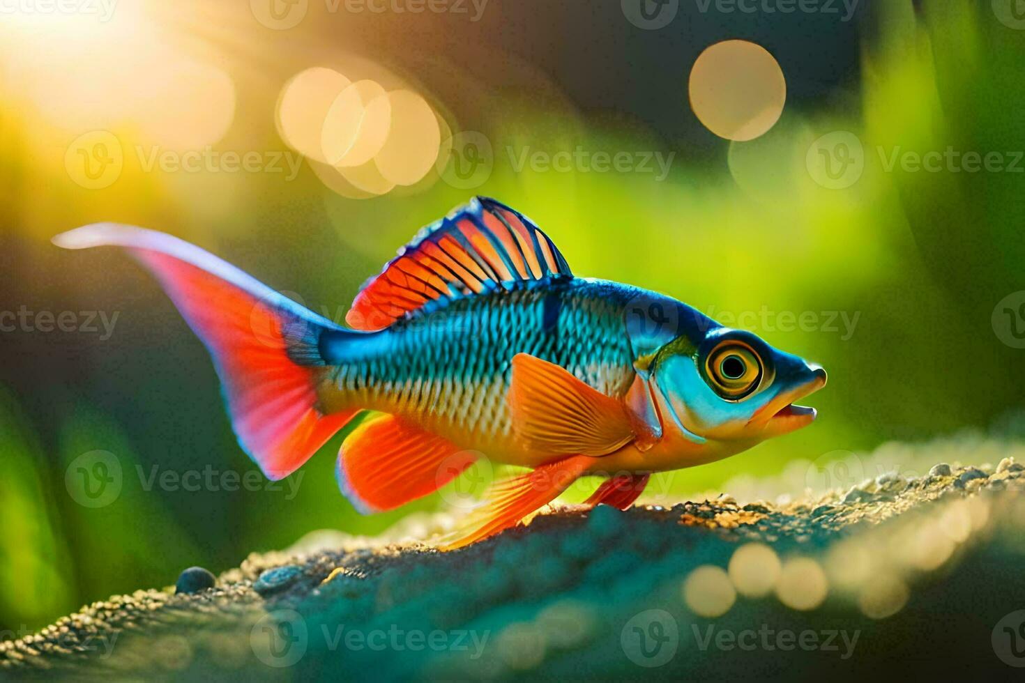 a colorful fish is standing on the grass. AI-Generated photo