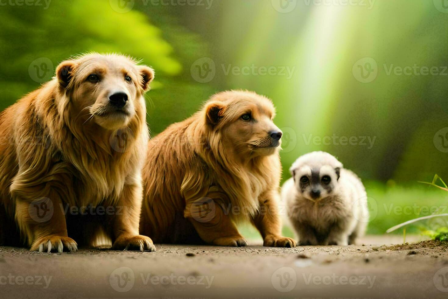 three dogs sitting on the ground in front of a green background. AI-Generated photo