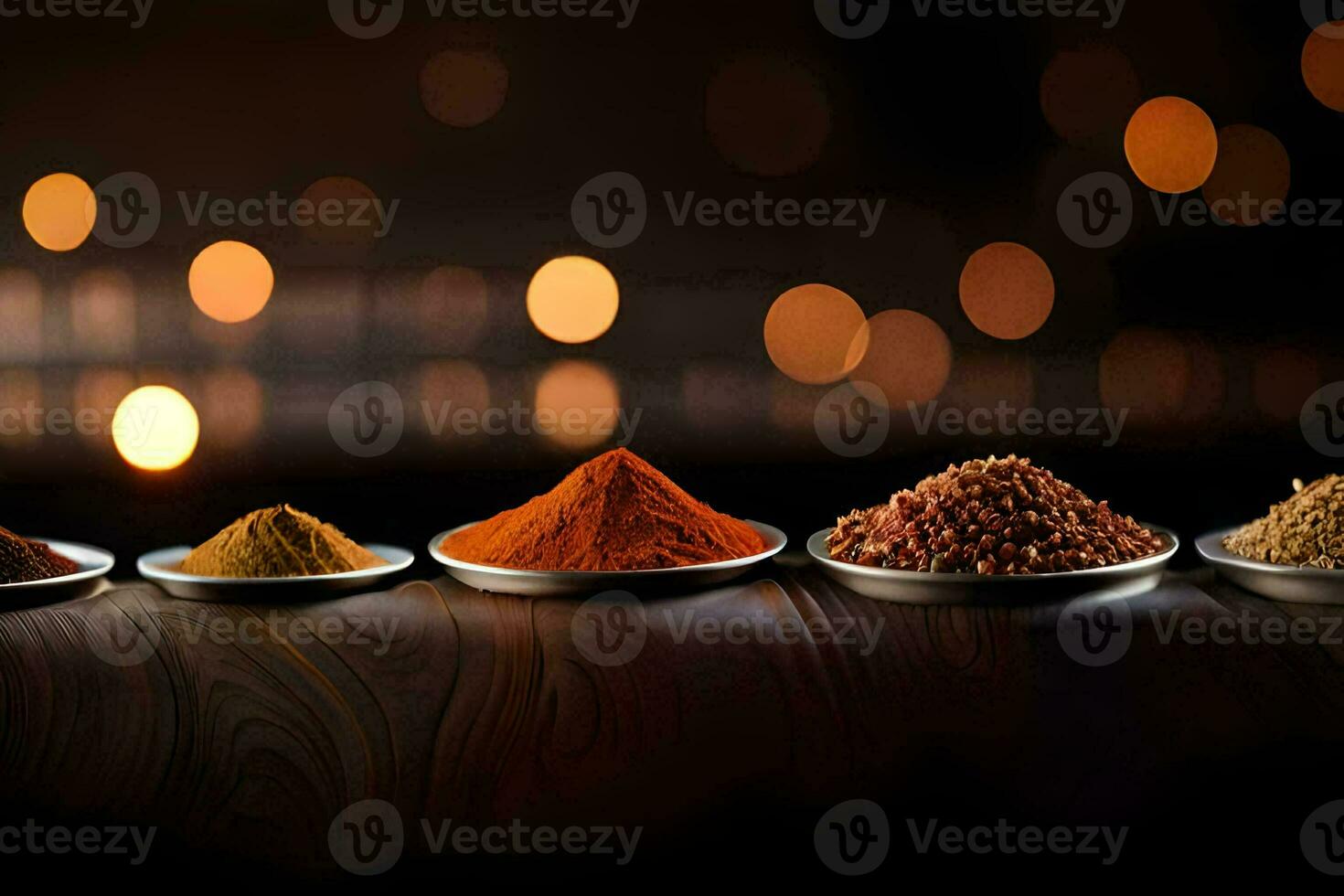 a row of spices on a wooden table. AI-Generated photo