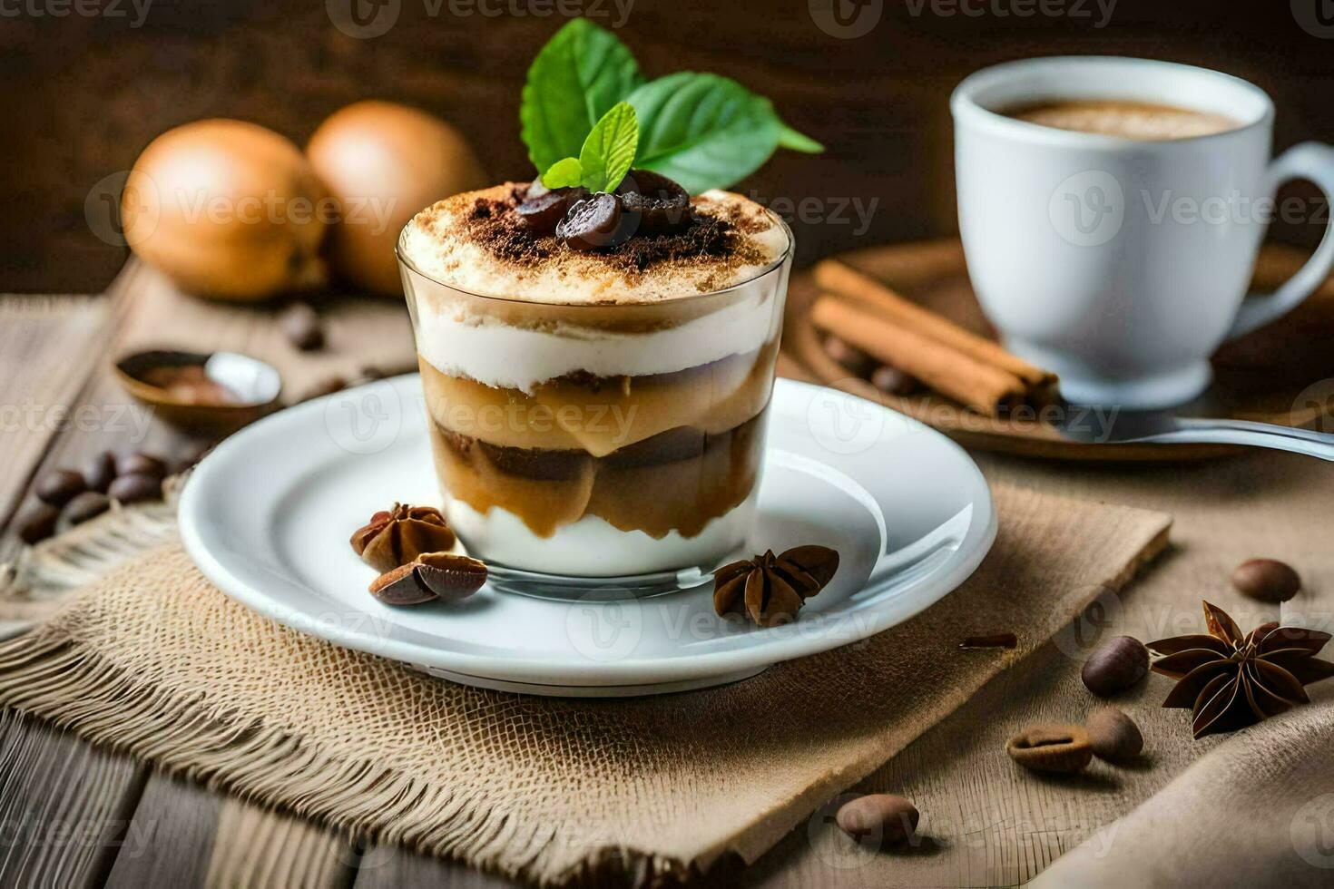 coffee and dessert on a wooden table. AI-Generated photo