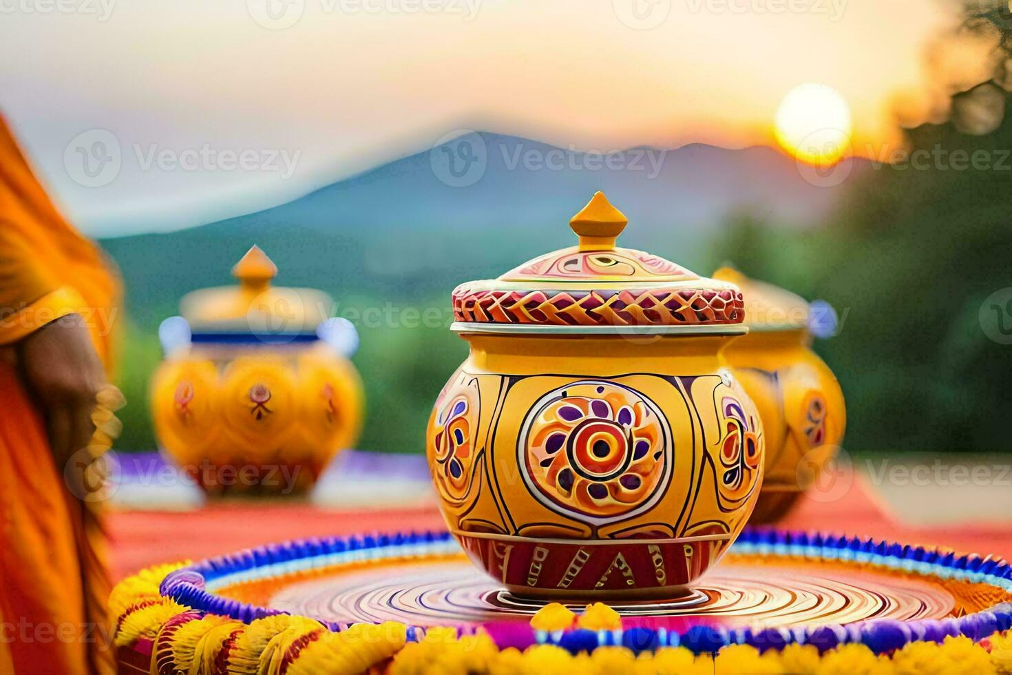 a woman in an orange robe is standing next to a colorful pot. AI-Generated photo