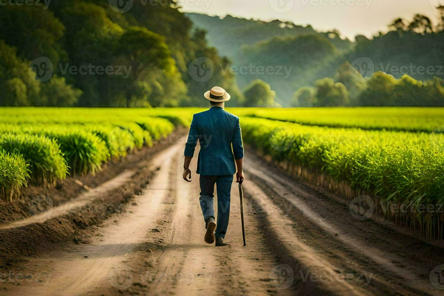 a man in a suit walks down a dirt road in a field. AI-Generated photo