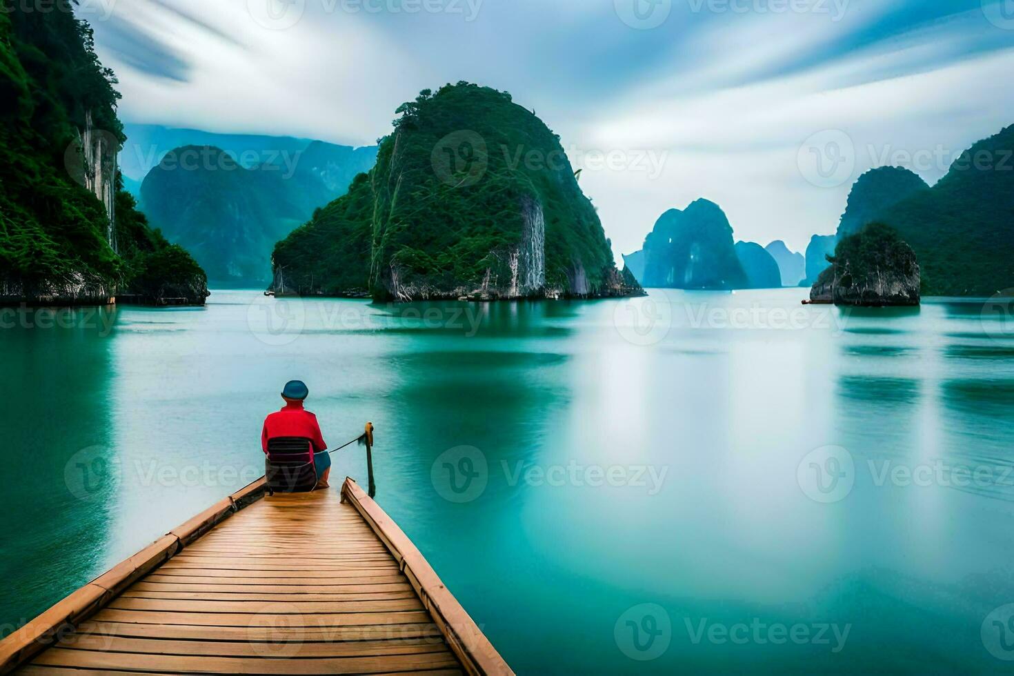 a man in a red shirt is sitting on a wooden boat in the middle of a body of. AI-Generated photo