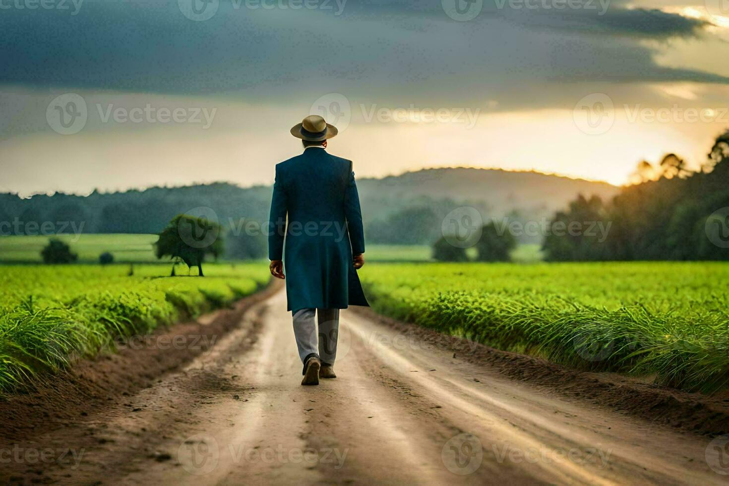 a man in a blue suit walks down a dirt road. AI-Generated photo