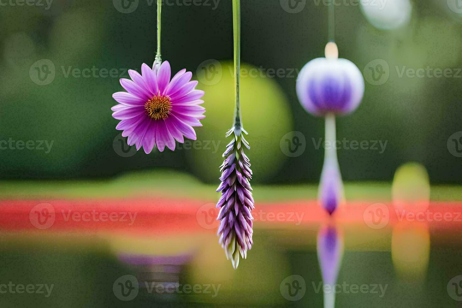two purple flowers hanging from strings over a pond. AI-Generated photo