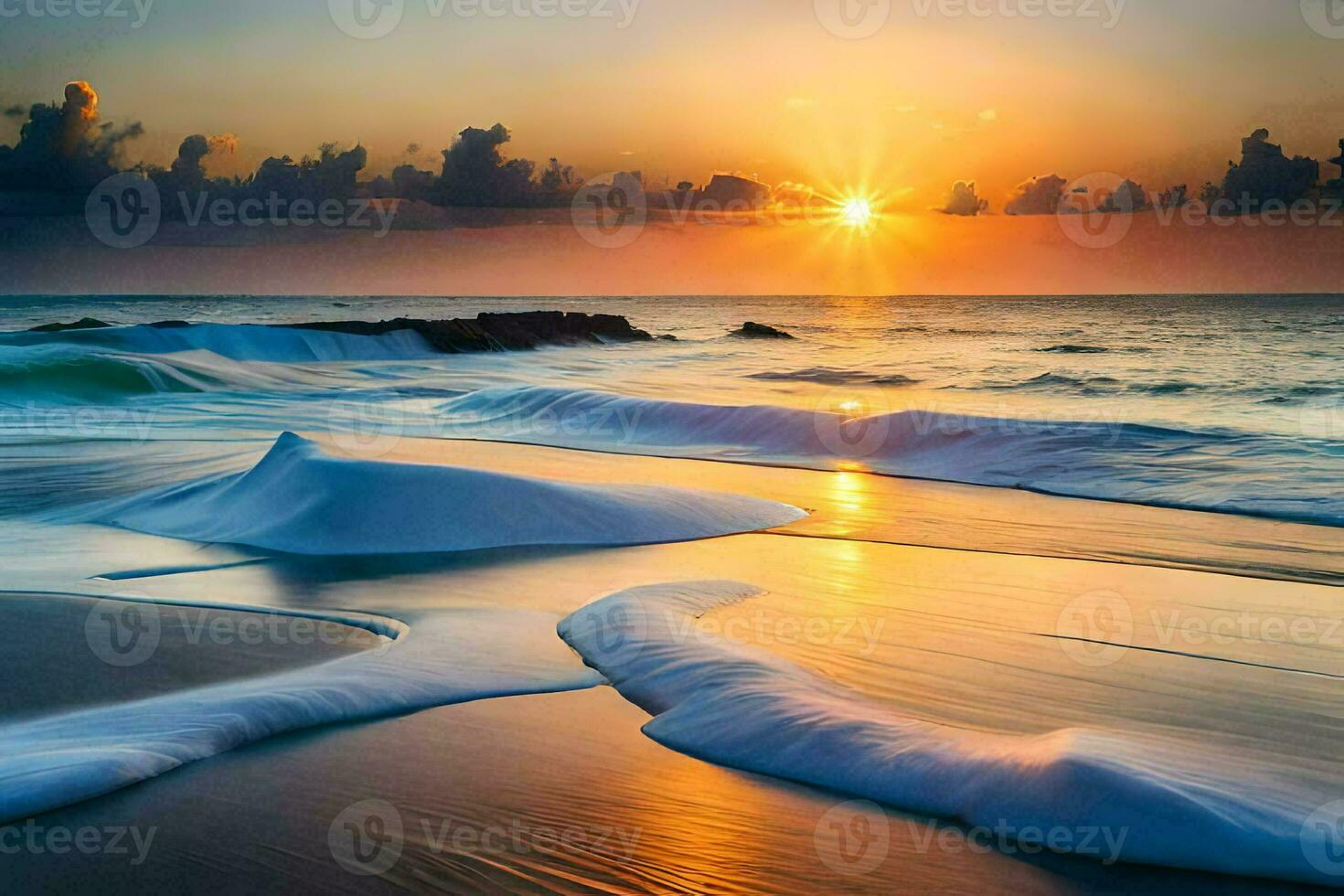 sunset, waves, the ocean, the beach, the ocean, the sun, the sky. AI-Generated photo