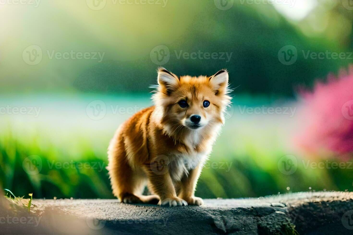 a small brown dog standing on a rock. AI-Generated photo
