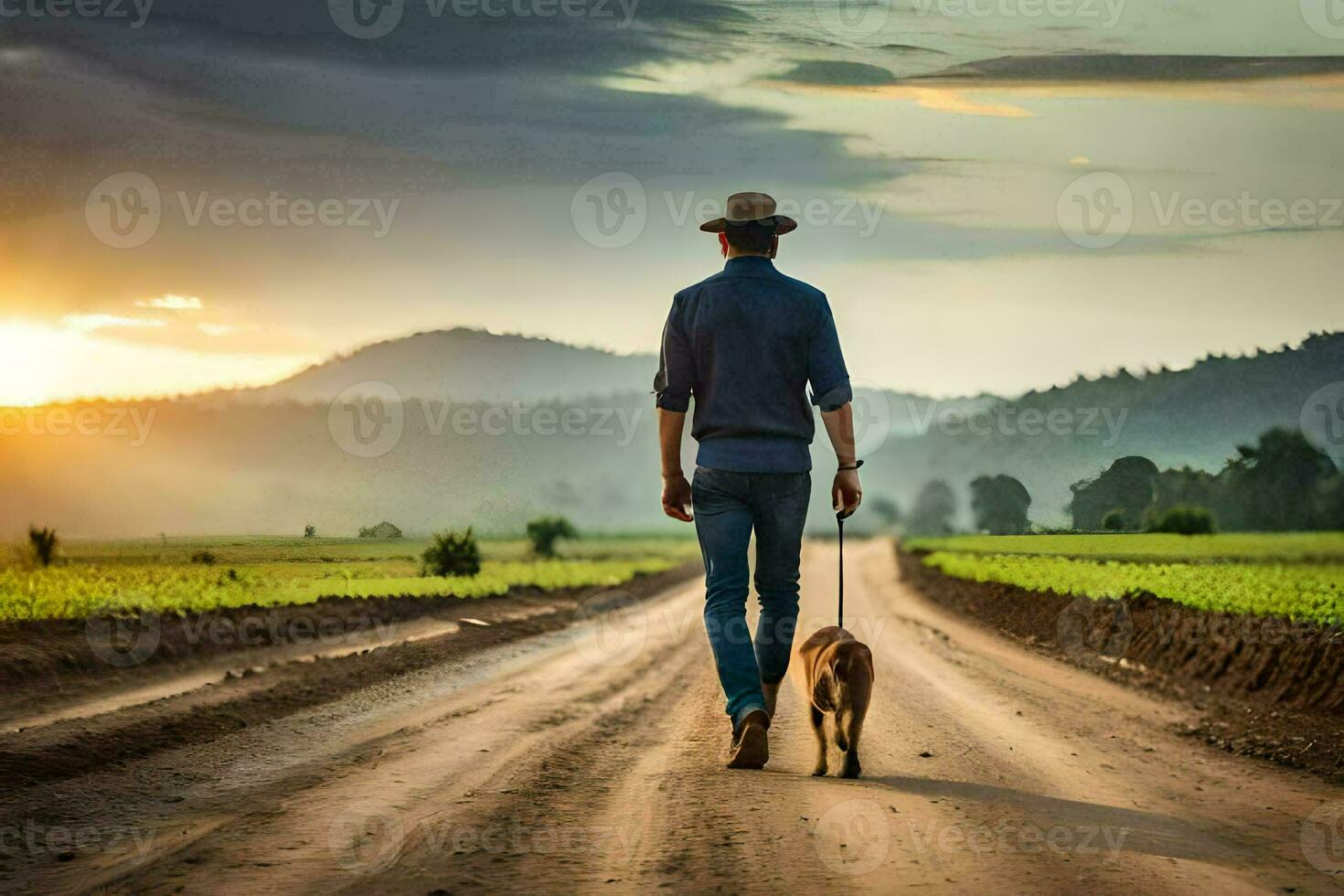 hombre caminando perro en suciedad la carretera a puesta de sol. generado por ai foto