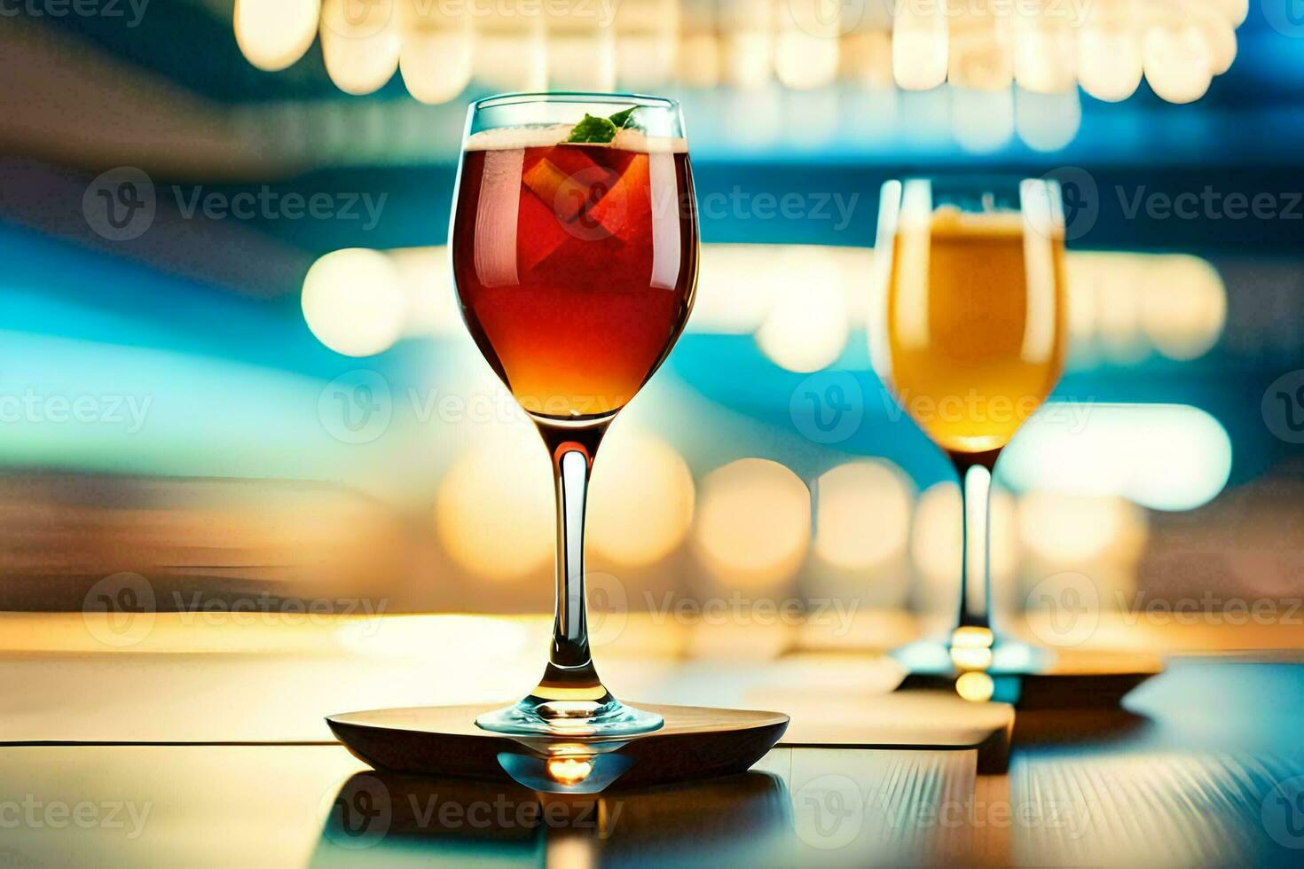 two glasses of wine on a table in front of a blurry background. AI-Generated photo