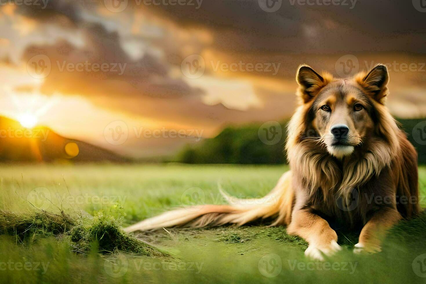 a dog sitting in the grass at sunset. AI-Generated photo