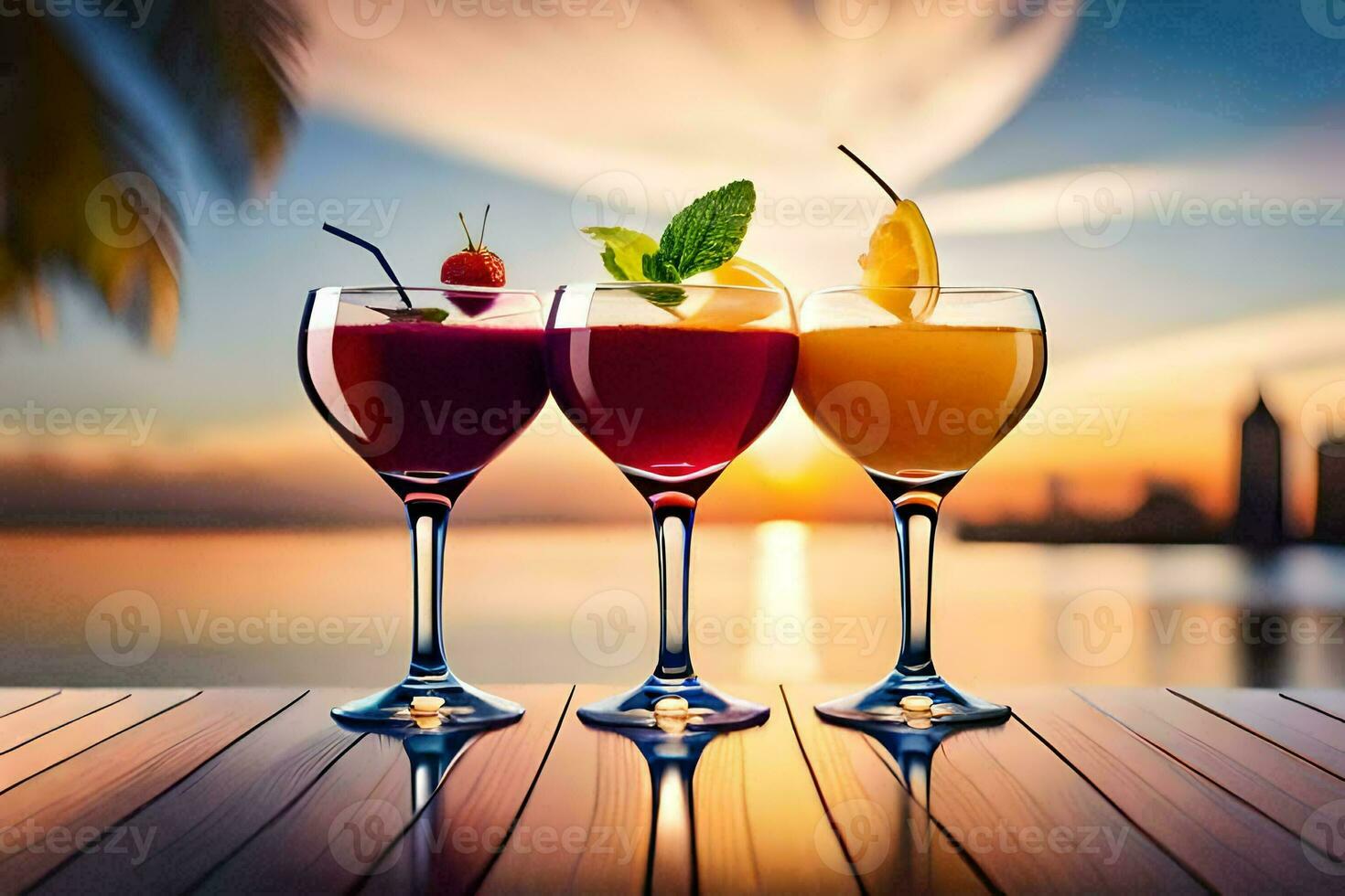 three glasses of cocktails with sunset in the background. AI-Generated photo