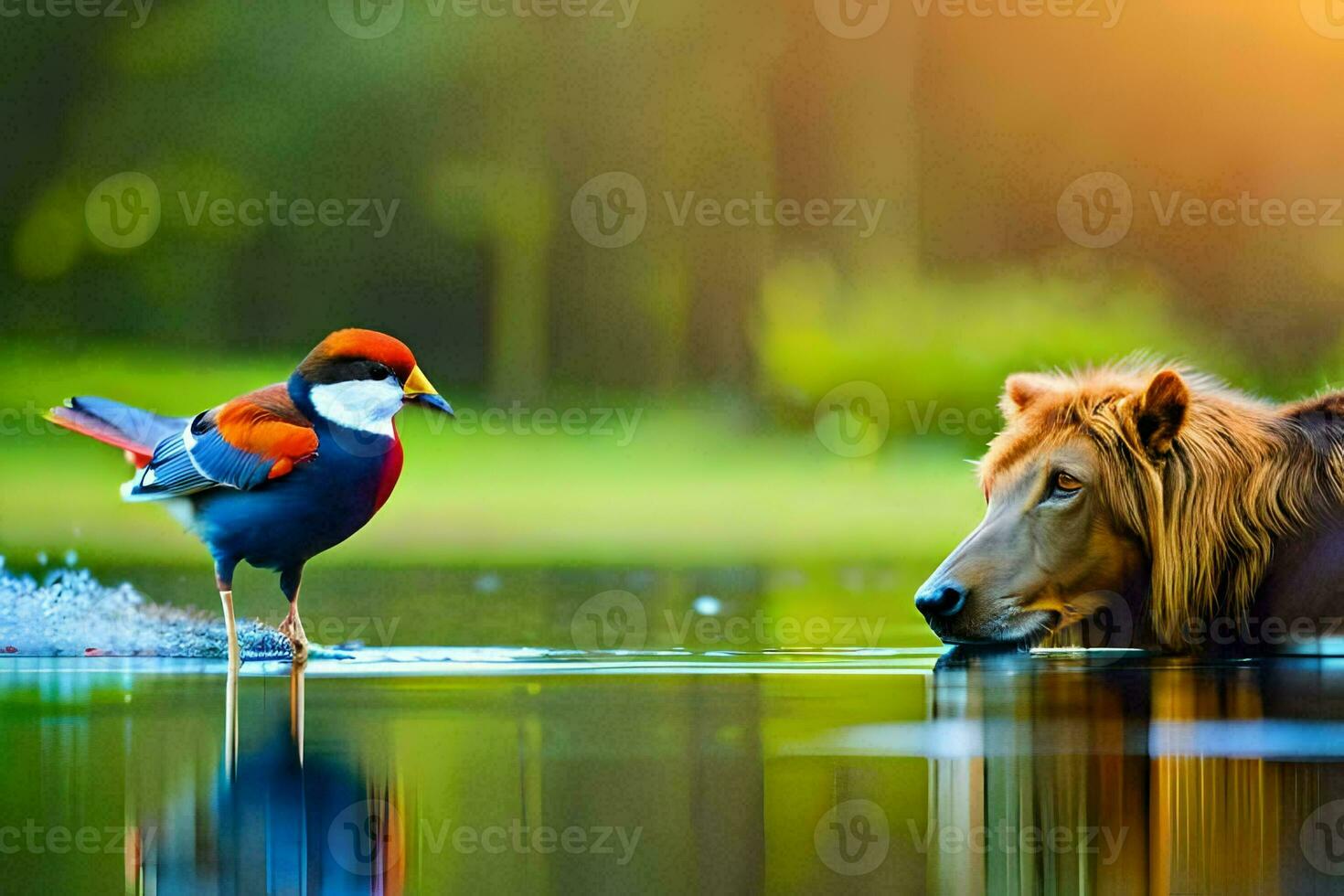 un pájaro y un león en pie en el agua. generado por ai foto