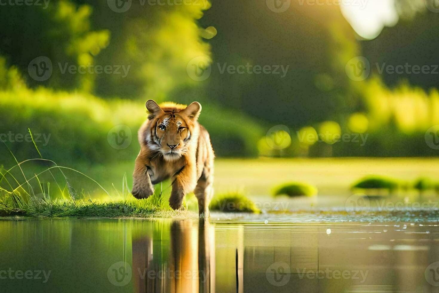 a tiger running across a pond in the forest. AI-Generated photo