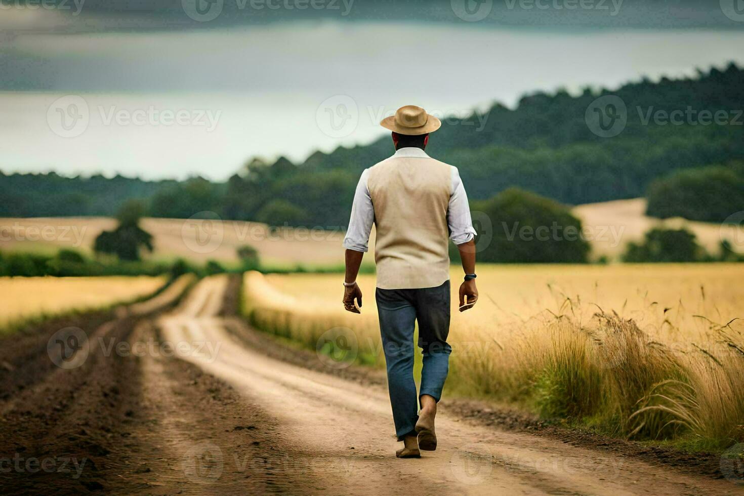 a man walking down a dirt road in the middle of a field. AI-Generated photo