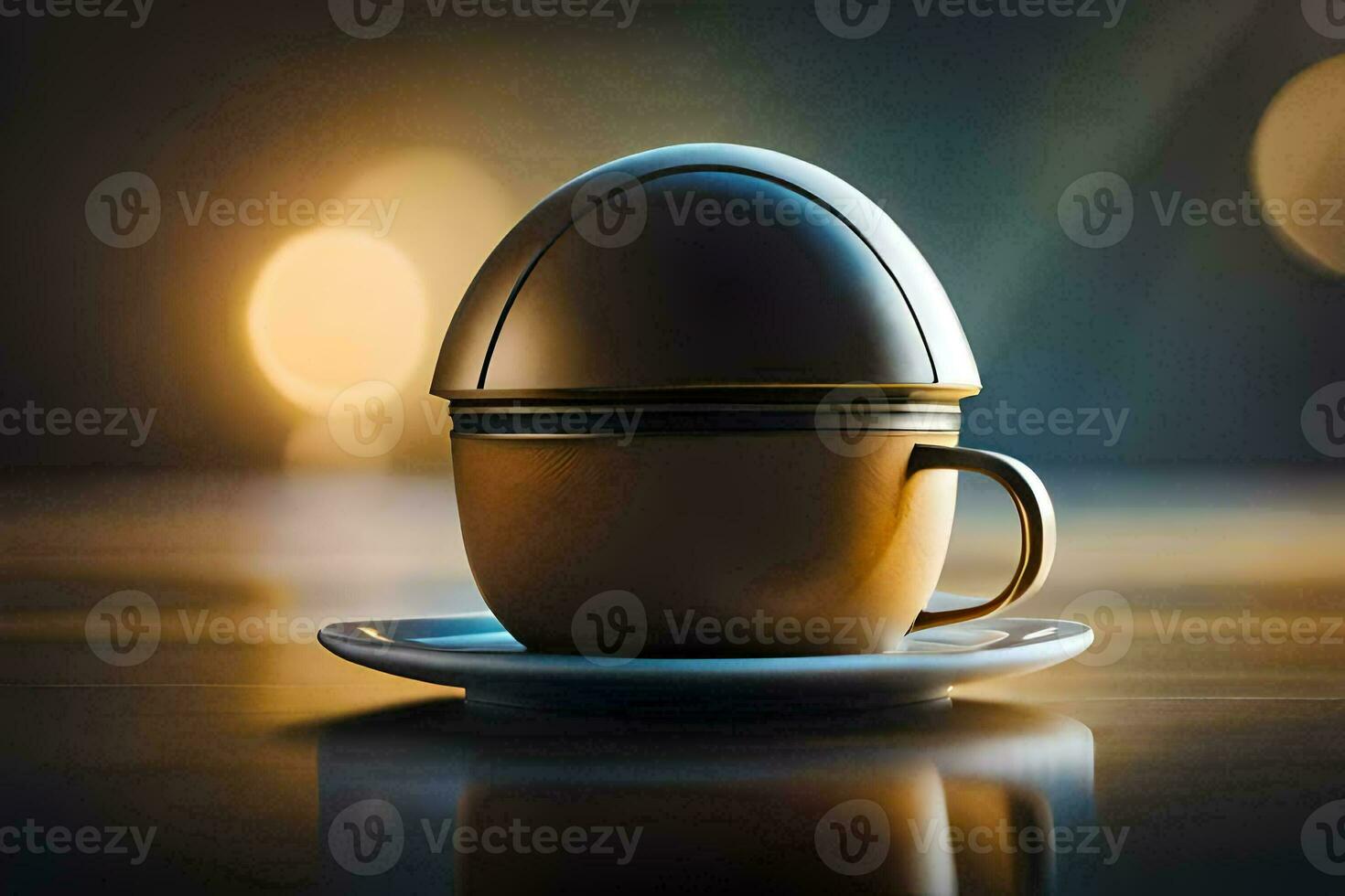 a coffee cup with a saucer on a table. AI-Generated photo