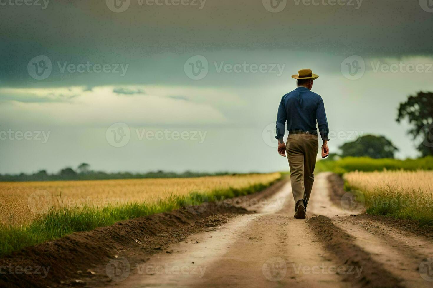 a man in a hat walks down a dirt road. AI-Generated photo