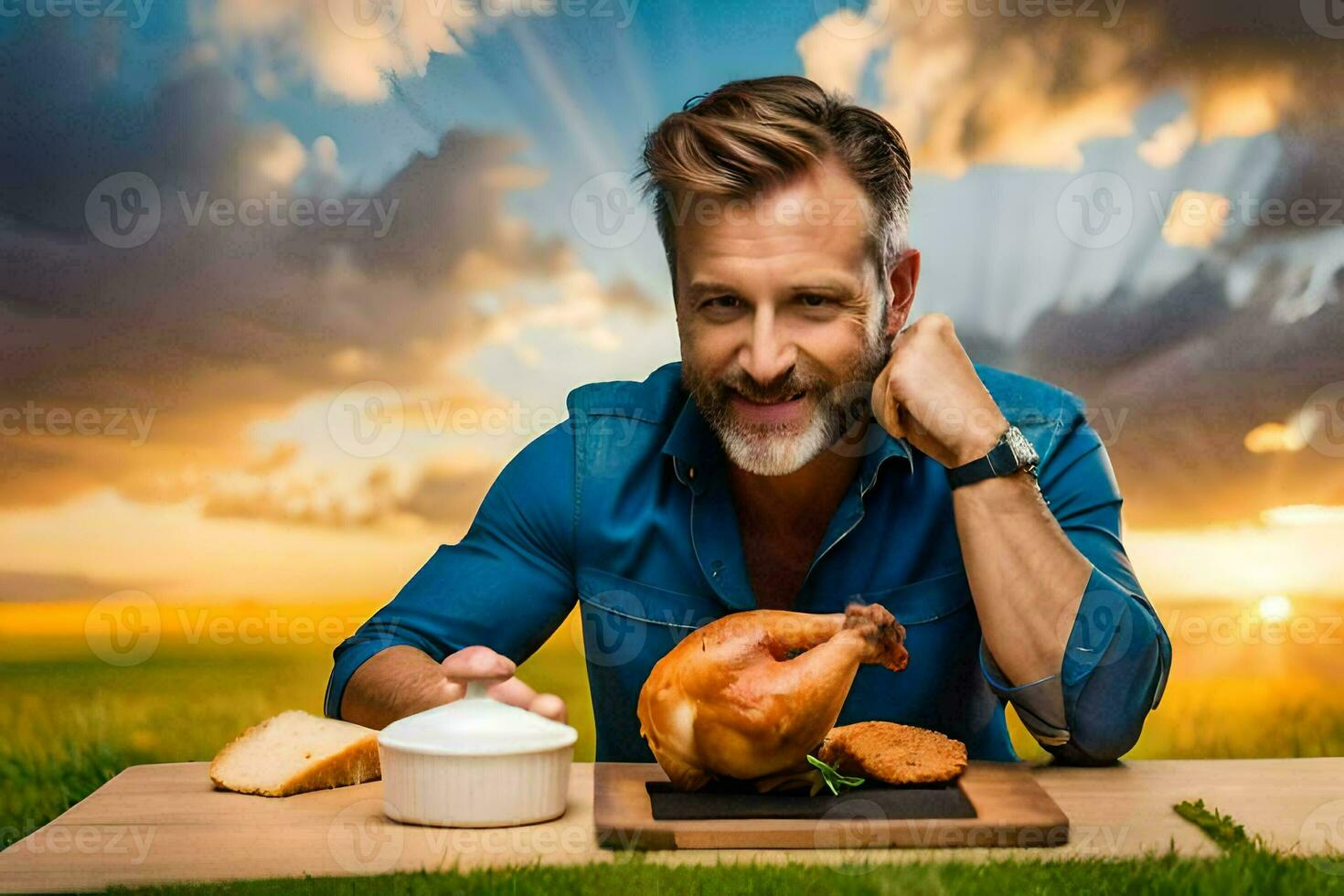 un hombre sentado a un mesa con un pollo y un pan. generado por ai foto