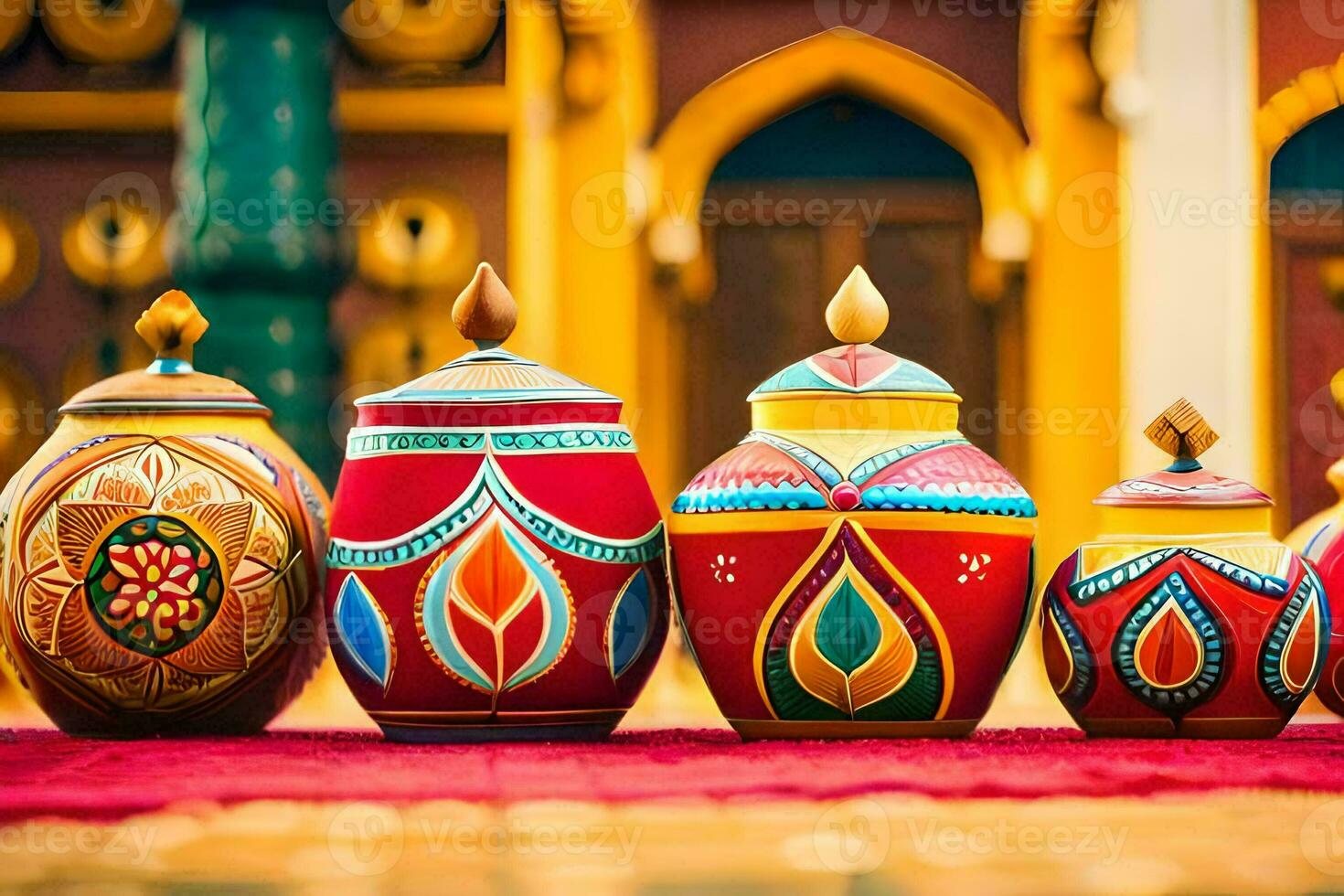 colorful painted pots on a red rug. AI-Generated photo