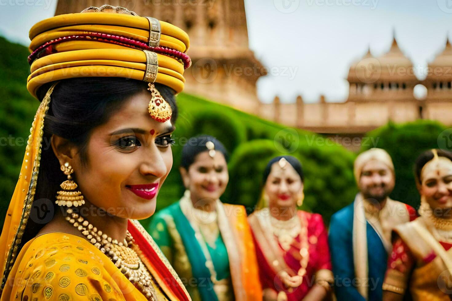 un novia y novio en tradicional indio atuendo. generado por ai foto