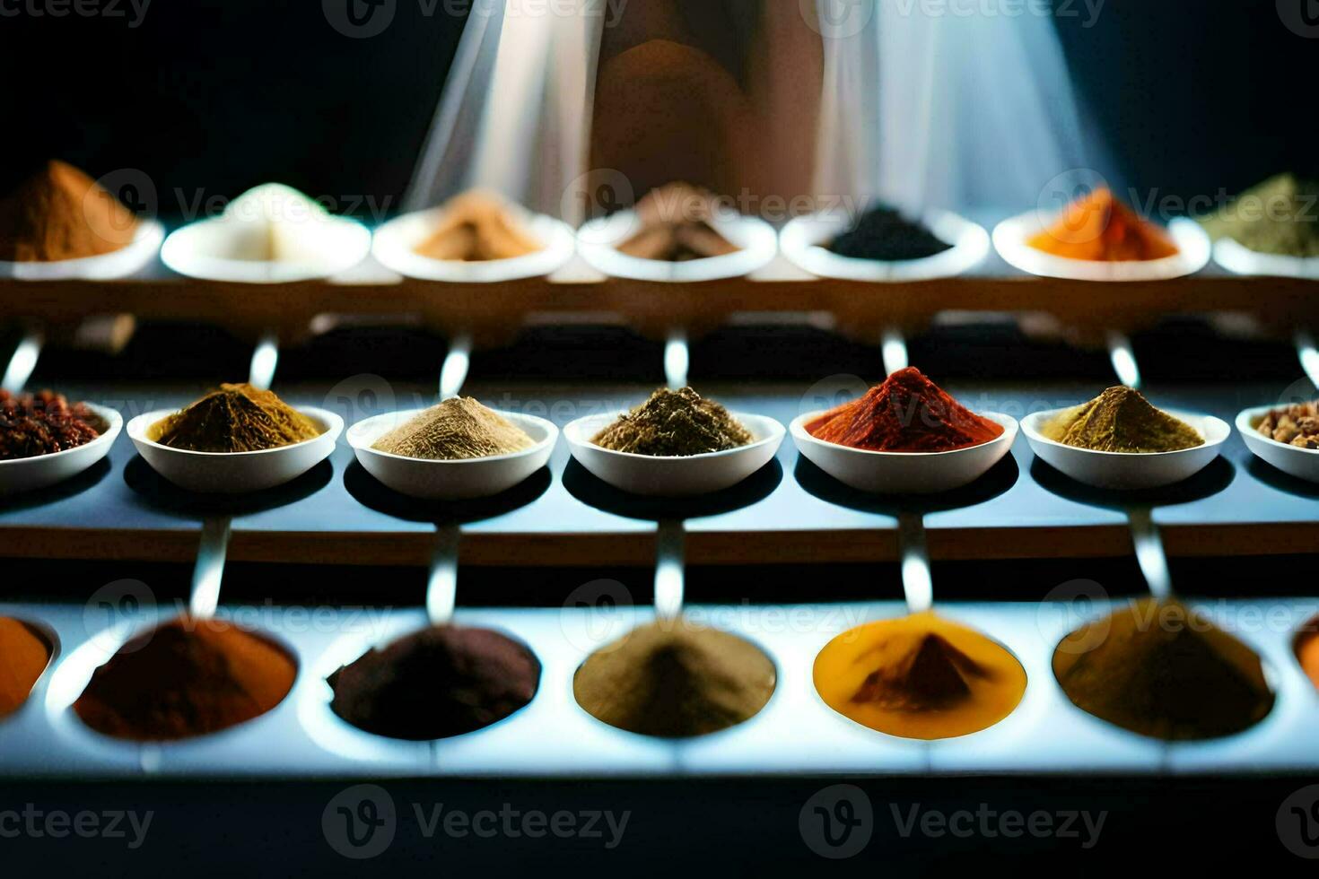 a row of bowls filled with different spices. AI-Generated photo