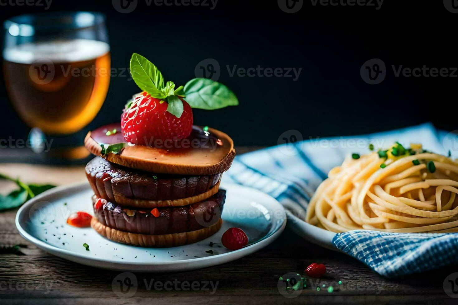 a plate of pasta, strawberries and a beer. AI-Generated photo