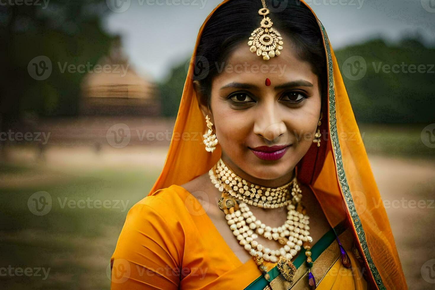 a woman in an orange sari with gold jewelry. AI-Generated photo