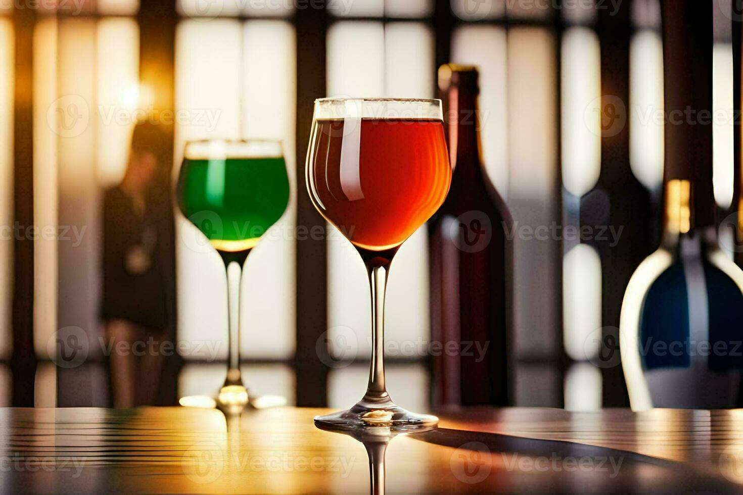 two glasses of wine on a wooden table. AI-Generated photo