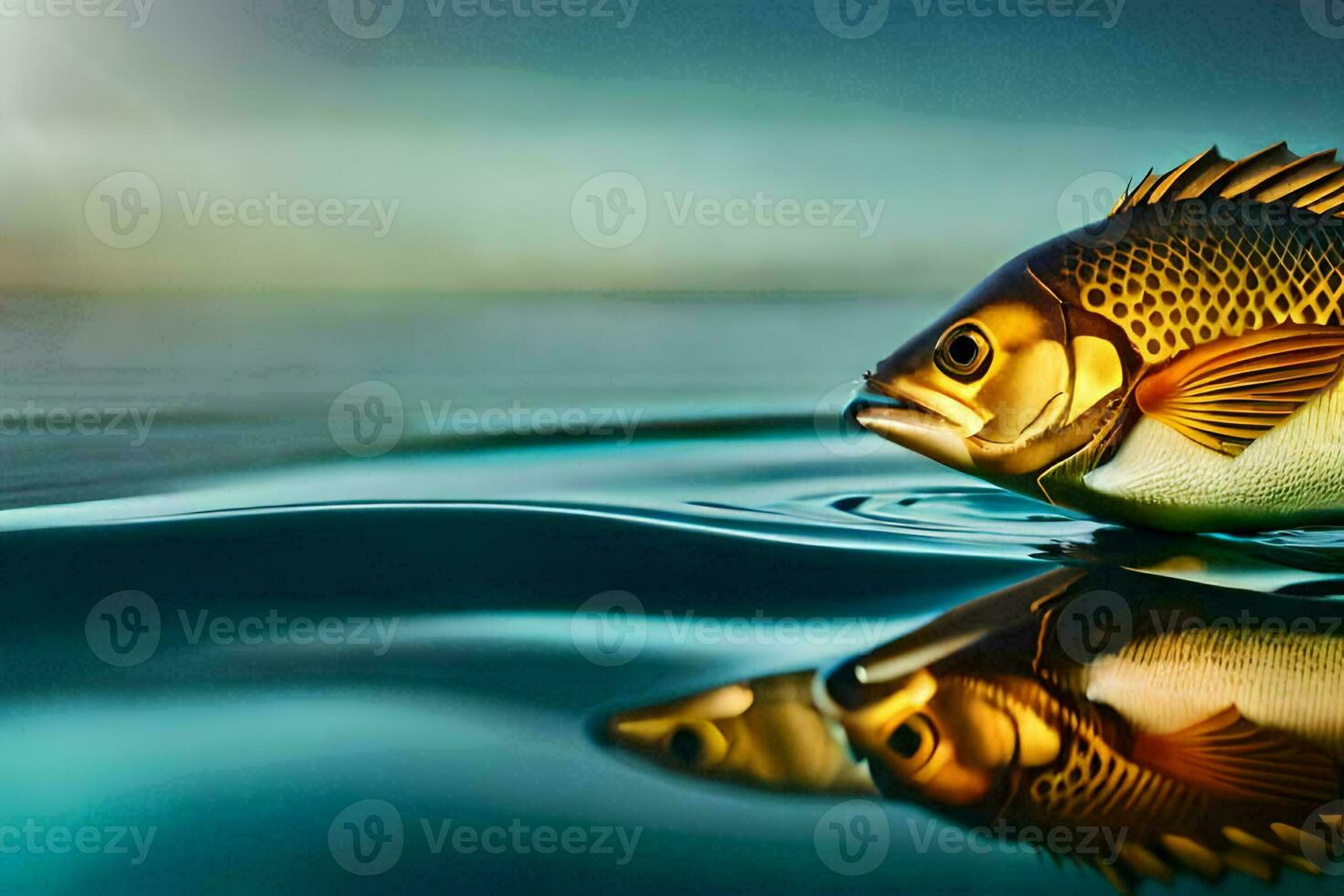 a fish is floating in the water with its reflection. AI-Generated photo