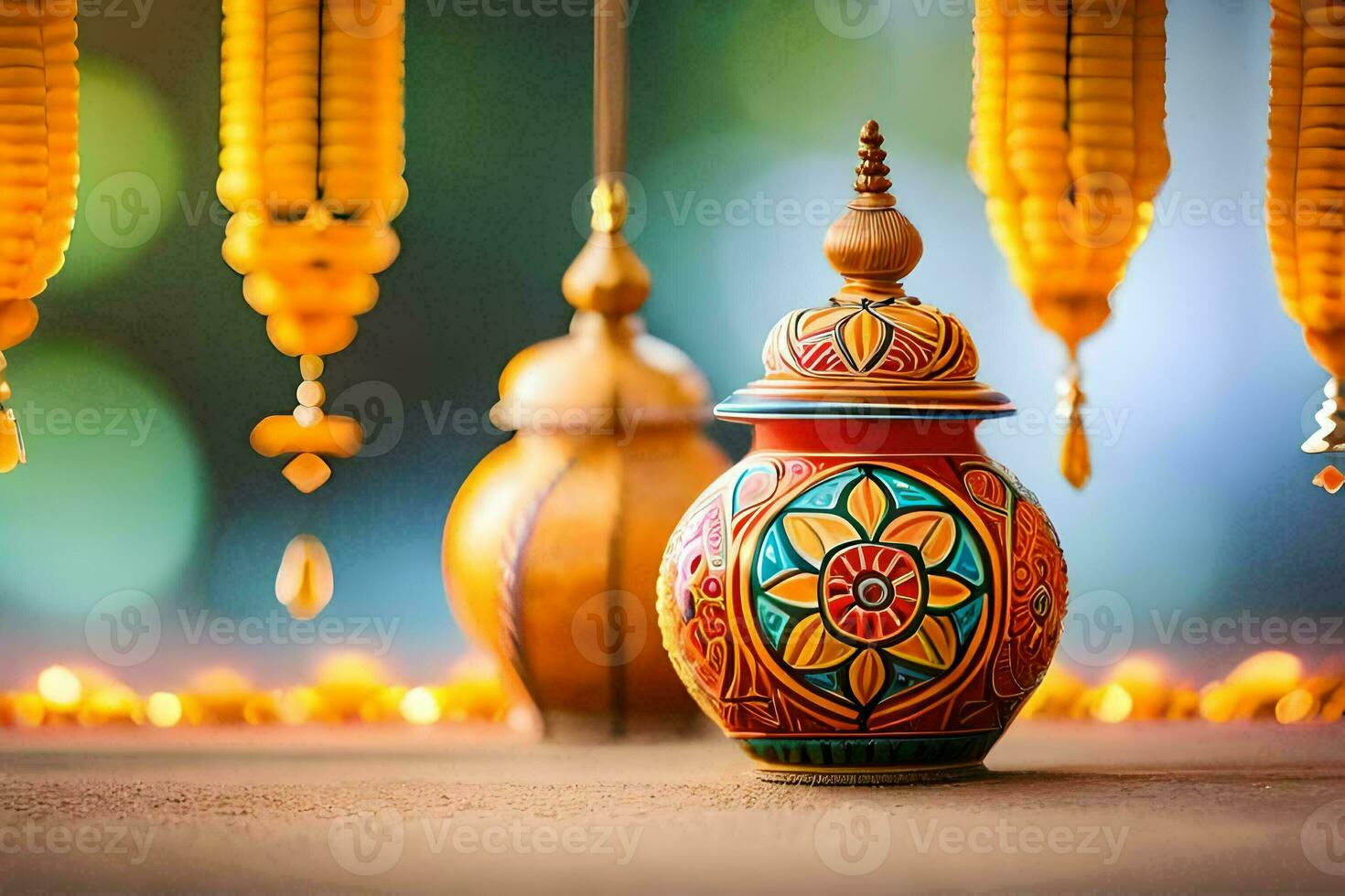 a colorful vase with golden beads hanging from the ceiling. AI-Generated photo
