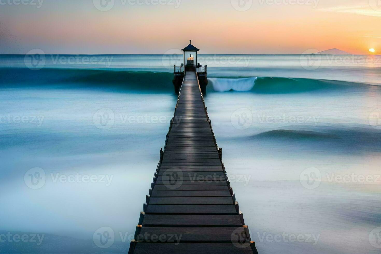 a long exposure photo of a pier in the ocean. AI-Generated