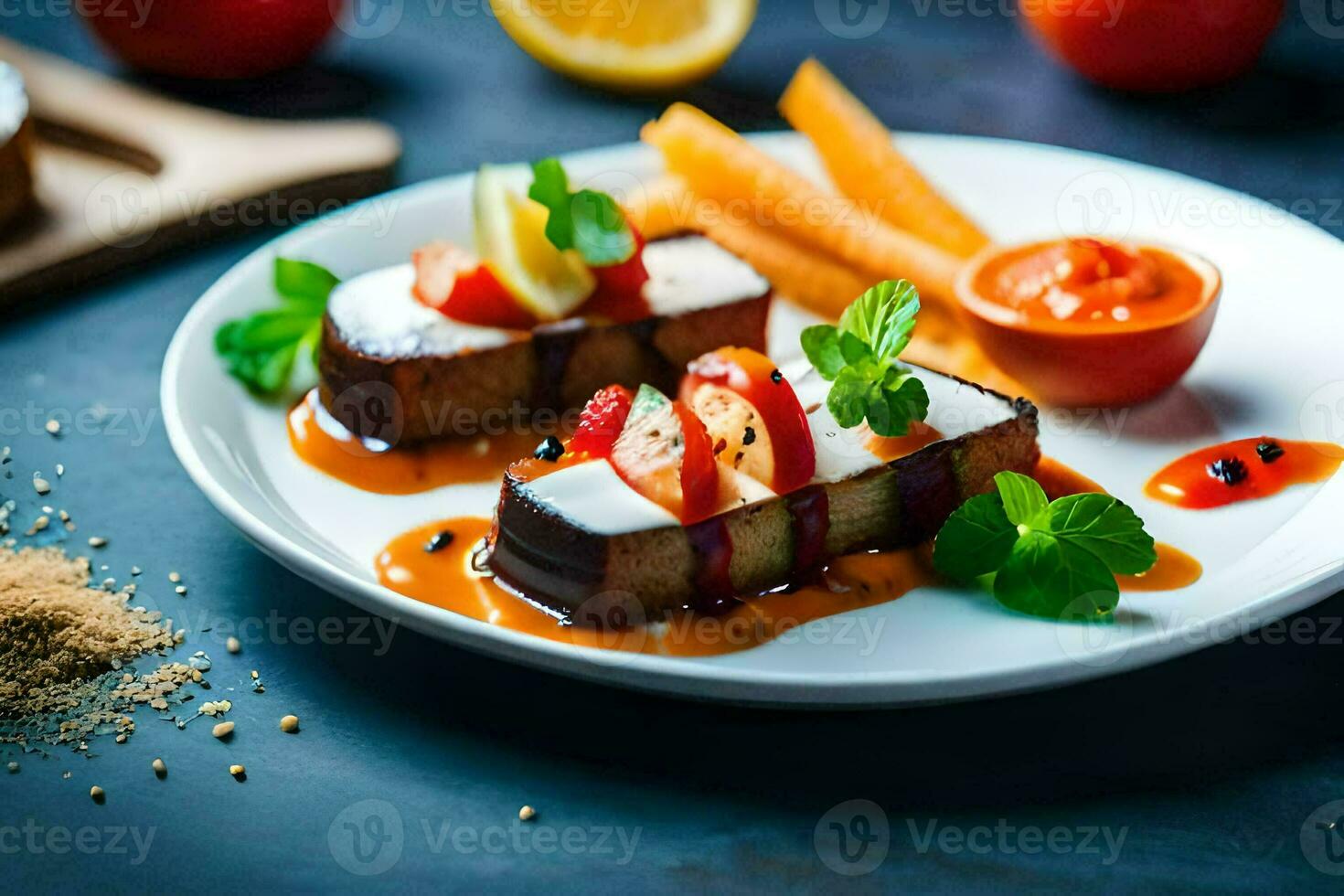 food on a plate with vegetables and sauce. AI-Generated photo