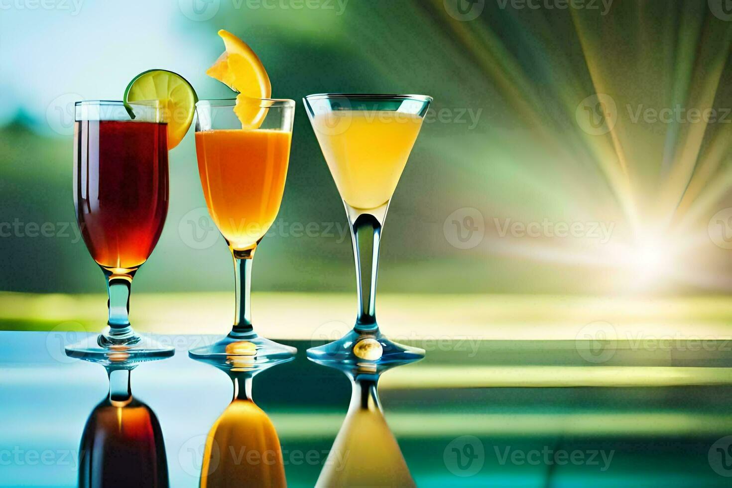 three glasses of different drinks on a table. AI-Generated photo