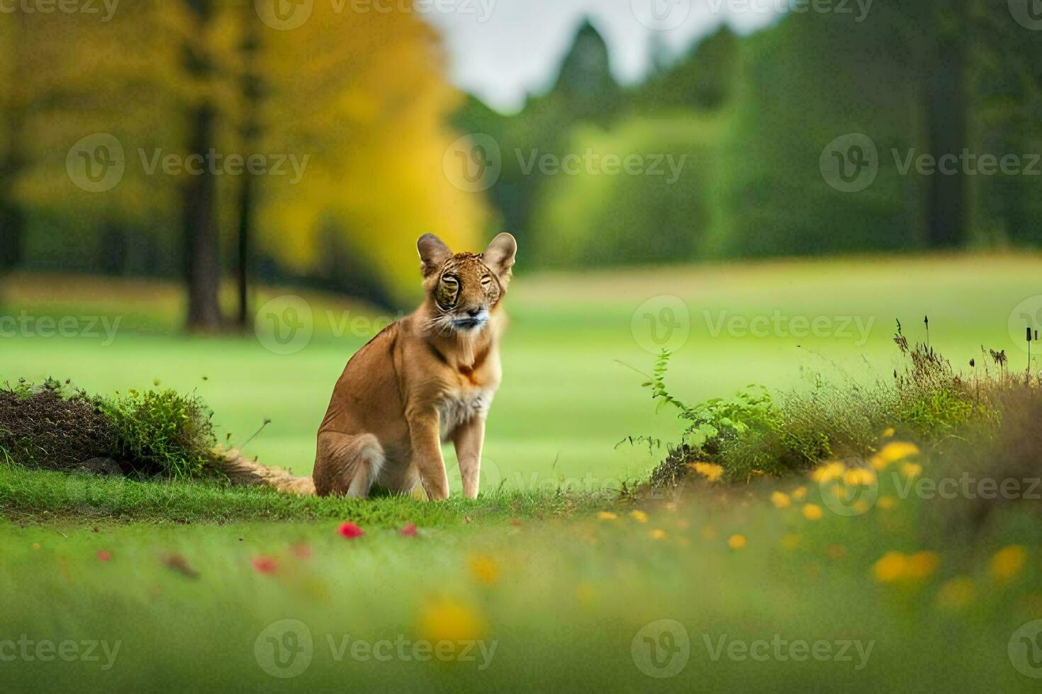 a lion sitting on the grass in a field. AI-Generated photo